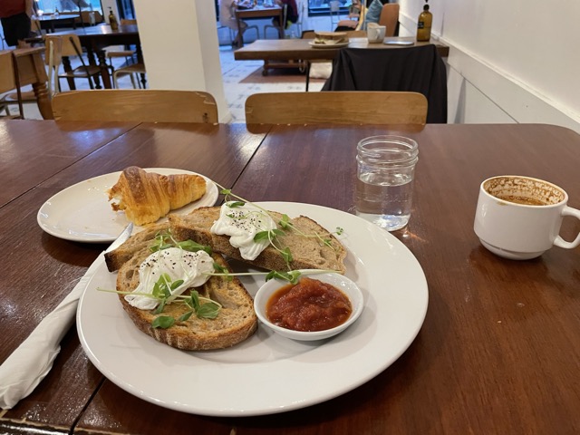 Poached eggs on sourdough for breakfast